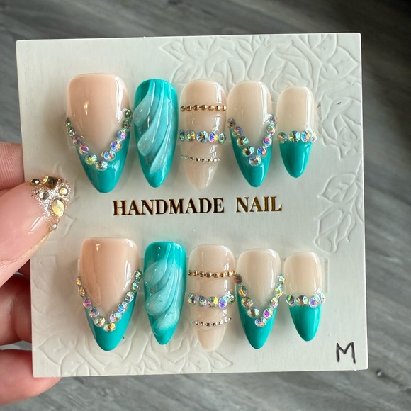 Handmade Other - Handmade Teal & Nude Crystal V-Shape Press-On Nails